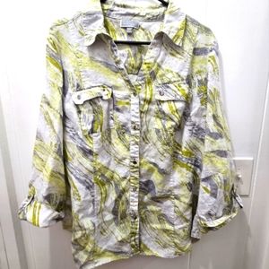 JM Collection Womens Top 100% Linen 3/4 Sleeve Button Up size 18W. Bin90